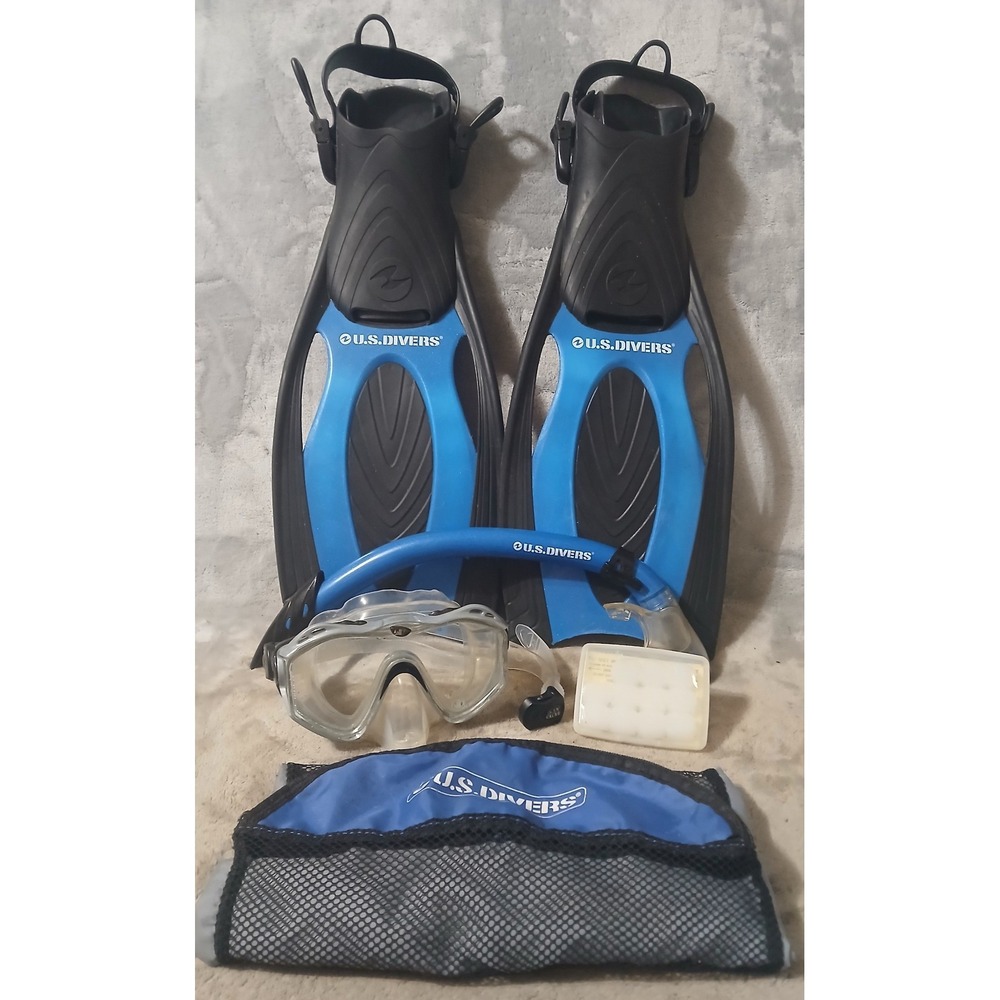 US Divers Snorkel Set Mens 10-13 Blue Fins Body Glove Mask Snorkel Mesh Bag READ
